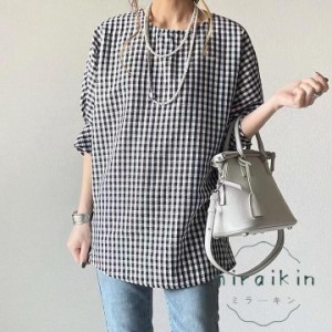 チェック柄ブラウス 七分袖 夏服 可愛い 黒ｔシャツ 女の子 大人 20代30代 パフスリーブ バールン ボリューム袖 ロング丈 クルーネック 