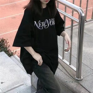 カットソー Tシャツ レディース 夏服 ドロップショルダー 大きいサイズ プリント tシャツ ミドル丈 ティーシャツ 女の子 20代 30代 40代 