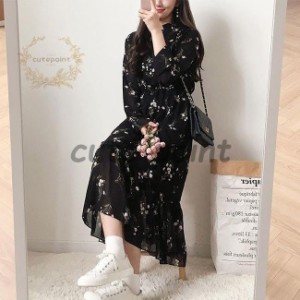 シフォンワンピース 花柄 レディース ワンピース 長袖 春 ロングワンピ マキシ丈 花柄ワンピース シフォン ドレス 長袖ワンピース チュニ