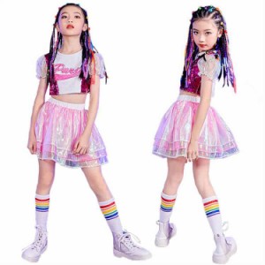 ピンク 子供服 女の子 韓国 発表会 キッズ ダンス衣装 セットアップ ヒップホップ 半袖 チアガール スカート ダンスウェア ヒップホップ 