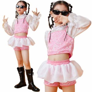 スパンコール キッズ ダンス衣装 チアガール トップス スカート 女の子 へそ出し ピンク ダンス衣装 セットアップ ヒップホップ 子供服 
