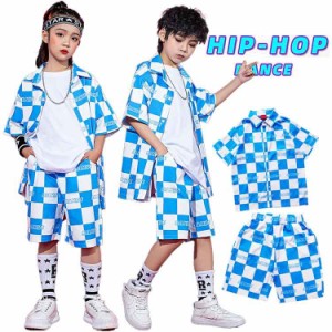 ダンス衣装 キッズ セットアップ チェック柄 ブルー ホワイト 女の子 男の子 ヒップホップ Tシャツ パンツ ヒップホップ 演出服 ジャズ 