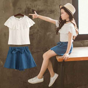 子供服 女の子 夏服 韓国子供服 セットアップ 上下セット 160センチ ジュニア トップス 半袖 tシャツ ボトムス ハーフパンツ 蝶結び デニ