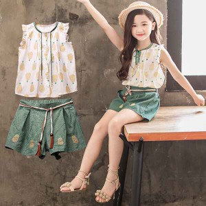 子供服 女の子 夏服 韓国子供服 セットアップ 上下セット 160センチ ブラウス tシャツ 花柄 ズボン ハーフパンツ トップス ボトムス こど