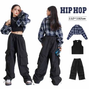 キッズダンス衣装 セットアップ 子供服 タンクトップ へそ出し 黒 女の子 シャツ タータンチェック 紺 パンツ カーゴパンツ 黒 ガールズ 