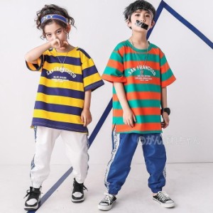 半袖 tシャツ トップス ボーダー柄 ダンスパンツ キッズ ダンス衣装 ヒップホップ 子供 HIPHOP 男の子 女の子 ジャズダンス 体操服 ステ