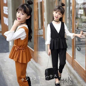 入学式 パンツスーツ 女の子 フォーマルスーツ 韓国 子供服 ブラック カーキ 子供スーツ キッズ ブラウス ベスト パンツ 3点 卒業式 110 