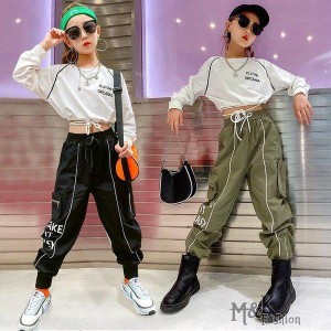 キッズダンス衣装 セットアップ 長袖 tシャツ ショット丈 カーゴパンツ ヒップホップ 女の子 へそ出し 練習着 演出服 ステージ衣装 韓国 