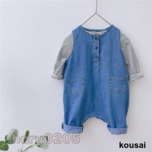 ベビー服 ロンパース 子供 赤ちゃん サロペット デニム tシャーツ ストライプ 綿 コットン 女の子 男の子 可愛い 幼児 春服 出産お祝い 