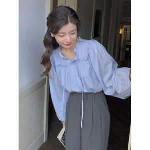 フリル ブラウス シャツ トップス ブルー きれい目 シンプル フェミニン レディース ファッション 韓国 オルチャン 10代 20代 30代 高校