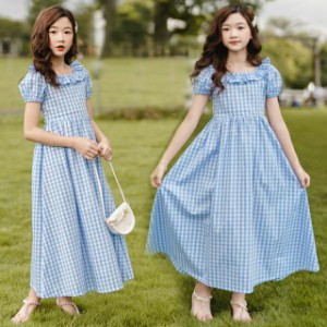 ロング ワンピース キッズ フレアワンピース チェック柄 半袖 子供服 スクエアネック マキシワンピース フリル ロング丈 ワンピース 夏 