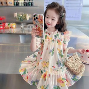 子供服 ボヘミアン ワンピース マキシ ロングワンピース 花柄 女の子 コットン 半袖 バタフライ サスペンダー  ワンピース プリント サン