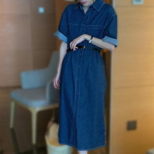 ワンピース デニム 半袖 ロング レディース おしゃれ かわいい ゆったり 春 夏 服 ロールアップ 無地 シンプル カジュアル