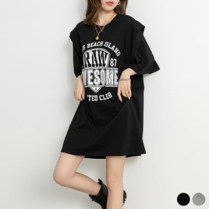 Tシャツ レディース 半袖 ロゴT プリント Tシャツワンピース オーバーサイズ チュニック ゆったり おしゃれ かわいい