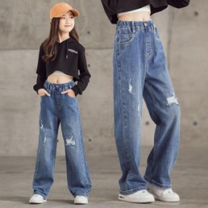 韓国子供服 おしゃれ 女の子 デニムダメージジーンズ シンプル パンツ 子供 学生 レジャー デニムロングパンツジーパン ジーンズ キッズ 