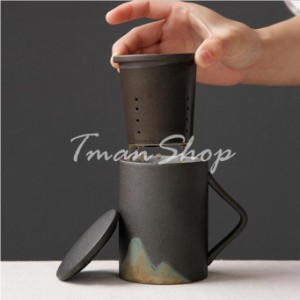 マグカップ　ダブルウォールマグ　お茶　茶こし付き　蓋付き　持ち運びに便利　陶器 陶製　電子レンジ可