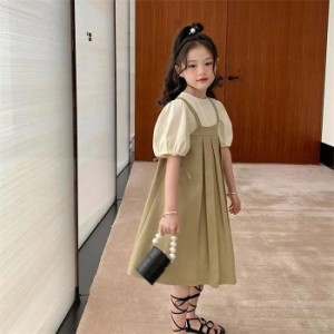 ワンピース キッズ 半袖 2セット ブラウン 子供服 春夏 女の子 ロングワンピース チュニック 子供ドレス ジュニア 可愛い シンプル 110 1