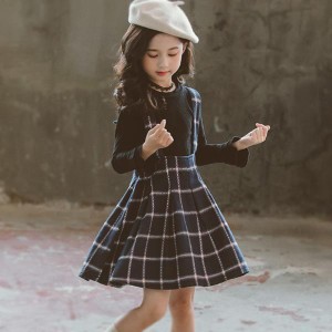 2色！韓国子供服 子 春秋 女の子 可愛い 上下セット 2点セット トップ+チェック柄スカート通学 長袖 おしゃれ カジュアルキッ