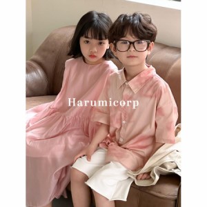 セットアップ キッズ ワンピース 女の子 男の子 子供服 兄妹姉弟 ピンク 上下セット ジュニア ベビー服 シャツ 半袖 ショート