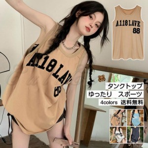 タンクトップ レディース Tシャツ ノースリーブ 英字プリント ゆったり ロゴT スポーツ トップス インナー 薄手 夏用 体型カバー きれい