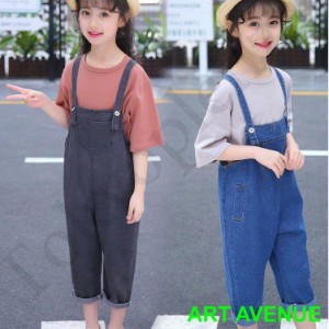 子供服 女の子 夏 デニム サロペットパンツ ２点セット 五分袖 Tシャツ トップス オーバーオール 9分丈ズボン レジャー キッズ 学生服 ジ