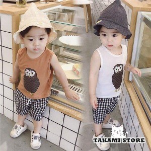 子供服　セットアップ　夏 袖なし トップス Tシャツ パンツ　男の子 フクロウ柄　可愛い　80-130cm　