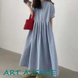 チェック柄ワンピース 半袖 レディース ロングワンピース シャツワンピース クールネック 夏服 フリル Aラインワンピース 入学式 ゆった