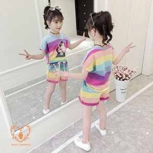 子供服 セットアップ 女の子 韓国子供服 キッズ ジュニア 春夏 上下セット 2点セット半袖 Tシャツ ストライプ ショートパンツ 可愛い お