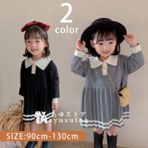 ニットワンピース ポロ襟 長袖 ライン入りワンピース 上品 きちんと感 子供服 キッズ 子ども 祝い 赤ちゃん 誕生日 服 1歳 2歳 3歳 4歳 9