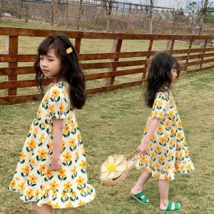 子供服 ワンピース 韓国子供服 キッズ 女の子 半袖ワンピース 花柄 フリル 春夏 子供ドレス 子ども服 お姫様 おしゃれ 可愛い カジュアル