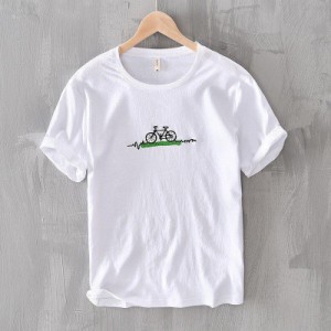 Tシャツ カットソー メンズ 半袖 刺繍 自転車 リネン コットン 通気 インナー トップス 夏