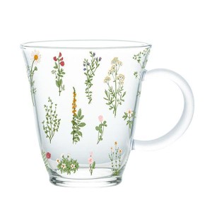 ガラスカップ ティーカップ 大きなハンドル付き ガラスコーヒーマグ 植物と花柄 300ml