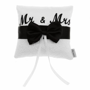 ノーブランド品 結婚式 ウェディング用 サテン＆リボン製 リングピロー "MR&amp;amp;MRS" 15x15cm (ホワイト＆ブラック)