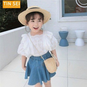 子供服 セットアップ　レース　カジュアル　可愛い　春夏 キッズシャツ　デニムスカート　半袖　上下セット　