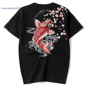 和柄刺繍 半袖Tシャツ メンズ ピンク鯉 和柄 Tシャツ 華鳥風月メンズ特攻服 クルーネック ロゴT 白 Tシャツ 黒Tシャツ 夏 肌着 リゾート 