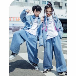 キッズダンス衣装 ヒップホップ HIPHOP セットアップ デニム シャツ ジーンズ デニムパンツ 女の子 男の子 チアガール ステージ衣装 練習