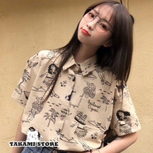 シャツ レディース トップス 半袖 春 夏 柄シャツ 襟付き ブラウス アロハシャツ 襟付きシャツ カジュアル ゆったり 羽織もの 大きいサイ