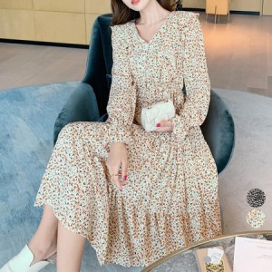 ワンピース レディース 花柄ワンピース 長袖 ロング丈 シフォンワンピ 体型カバー フレアスカート 春服40代 きれいめ【ネコポス可】