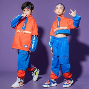 ヒップホップ キッズ ダンス 衣装 2点セット ウィンドブレーカー ジャケット へそ出し ロングパンツ 女の子 男の子 ダンス トップス k-po