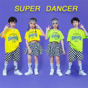 キッズダンス衣装 セットアップ グリーン 2点セット イエロー チェック k-pop jazz 半袖 ダンス衣装 Tシャツ ダンスtシャツ 子供服 女の