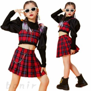 赤 チェック柄 スカート 女の子 長袖 韓国 k-pop ダンス衣装 へそ出し トップス セットアップ ギンガムチェック チアガール ダンス衣装 