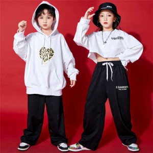 キッズダンス衣装 セットアップ 白パーカー 黒パンツ ヒップホップ 子供服 ヒップホップ ストリート 原宿系 レッスン イベント 発表会 hi