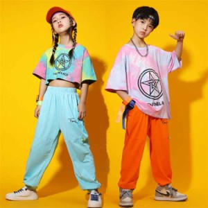 タイダイ Tシャツ へそ出し キッズダンス衣装 セットアップ ヒップホップ サルエルパンツ 女の子 男の子 半袖 トップス ダンス衣装 k-pop