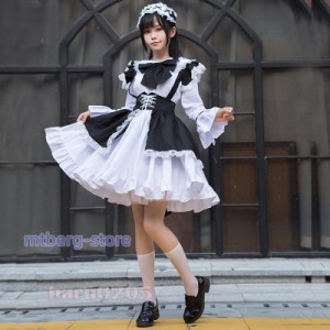 メイド服 ワンピース 長袖 黒白 レディース コスプレ 膝丈 エプロン クラシカル ロイヤルメイド ロリータ フリル クラシカル 制服 喫茶店