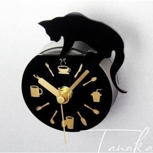 時計 壁掛け時計 小型時計 マグネットタイプ 磁石 磁器 アナログ 電池 乾電池使用 くっつく ネコ 猫 ねこちゃん 黒猫 カフェデザイン 冷
