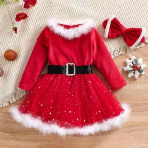 子供 サンタドレス ヘアバンド付き ２点セット サンタ衣装 クリスマス衣装 ファー 女の子 ワンピース サンタクロース キッズ クリスマス