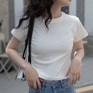 8色 トップス Tシャツ レディース 春夏 きれいめ 半袖 ショート ショート丈 ミニ丈 へそ出し 半袖 Uネック ラウンドネック 襟付き スリム