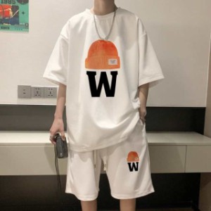 セットアップ 上下セット メンズ ゆったり プリント Tシャツ 半袖 ハーフパンツ ワッフル 夏 韓国 ファッション ビッグTシャツ