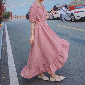 送料無料 個性的 春服 夏服 秋服 ニュアンス シャツワンピ ベルト付 レディース ワンピース ロング 袖あり 半袖 襟付き フレア フリル イ