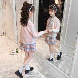 女の子 フォーマル スーツ キッズ 子供服 JK制服 セットアップ 3点セット ニットカーディガン シャツ スカート 発表会 結婚式 入園式 入